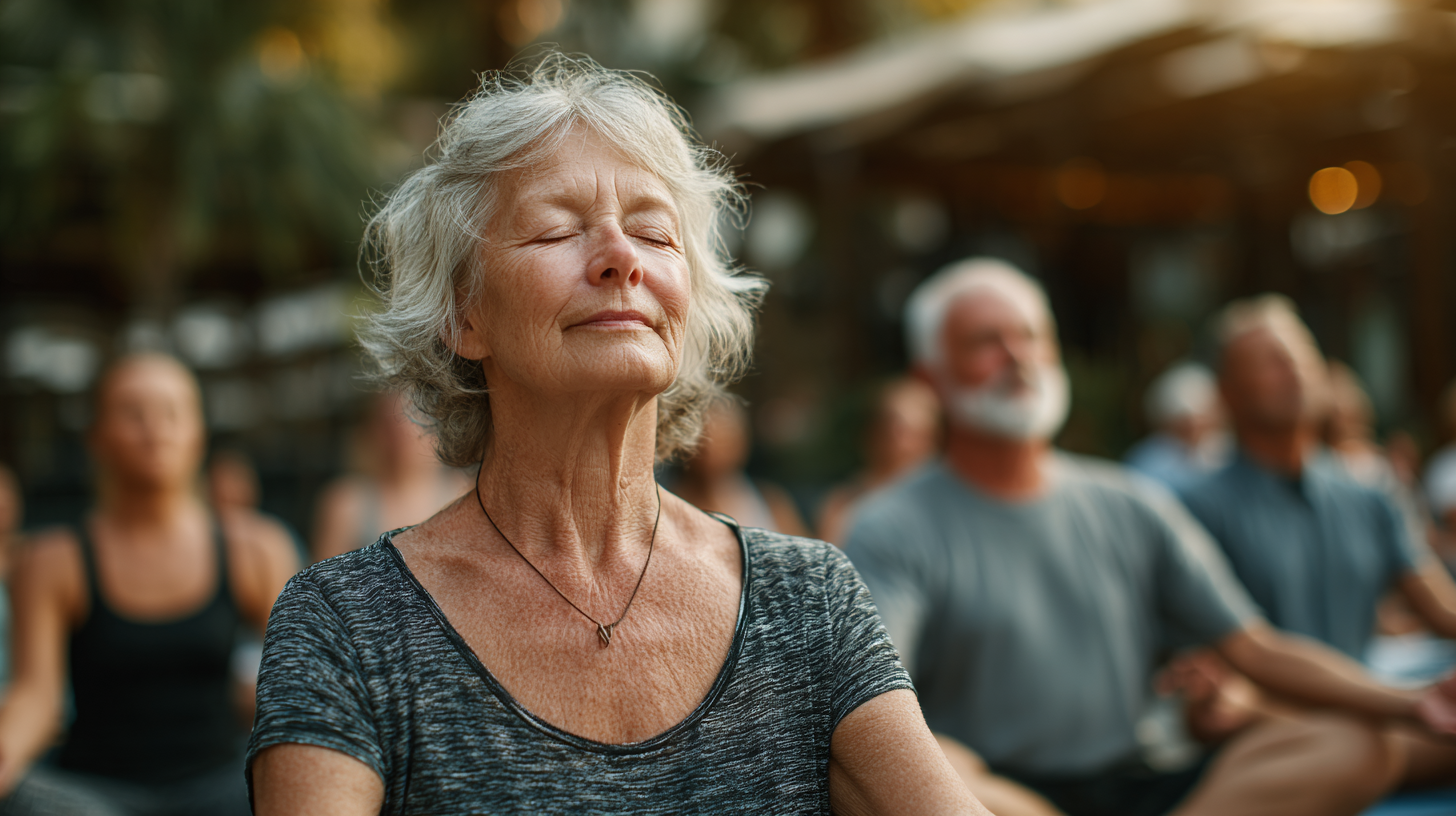 Keksa ayol yoga mashqi bajarayotgan holati